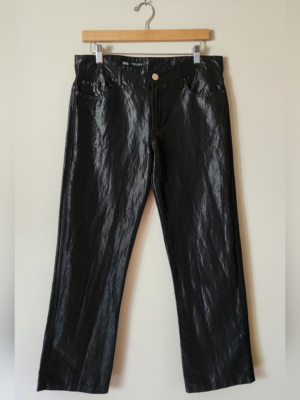 Zara Black Shiny Straight-Leg Pants Sz 6